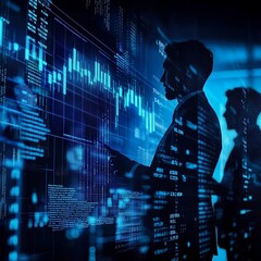 Obraz premium AI-powered trading analysis concept, layered silhouettes of financial professionals, digital streams of data in vivid neon blue