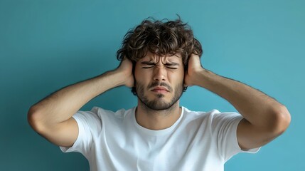 Man with Hands Covering His Ears, Loud Noise, Blue Background, AI