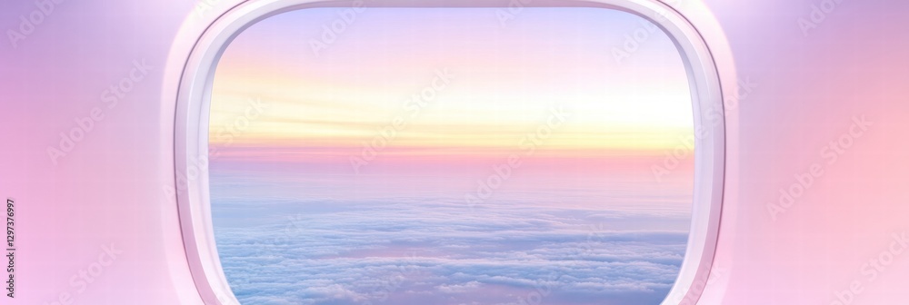 Fototapete sunset view from an airplane window with pastel colors and fluffy clouds in the sky. generative ai