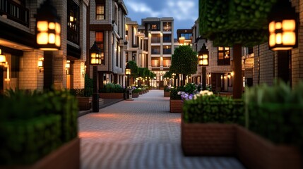 Obraz premium Lively urban street scene at dusk with beautifully designed buildings and lush greenery