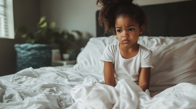 Young boy sitting on edge of his bed with a worried expression, holding a wet bedsheet. emotional aspect of childhood enuresis