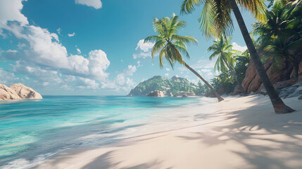 tropical beach with crystal clear water, white sand, and swaying palm trees creates serene and inviting atmosphere. vibrant blue sky and gentle waves enhance tranquil setting