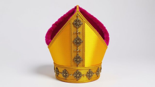 A bishop mitre hat with gold fabric and intricate embroidery, featuring a pink lining.