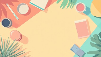 dvertisement layout with product placement and copy space flat design top view e-commerce theme cartoon drawing triadic color scheme. 