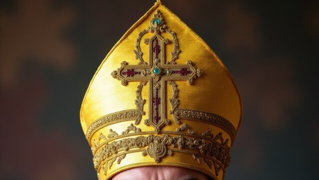 A golden bishop mitre hat adorned with intricate embroidery and gemstones.