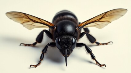 A close-up of a black bee with white wings, showcasing its detailed features and textures.