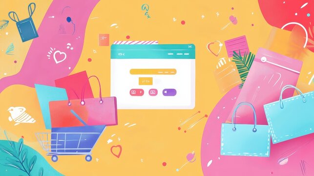 dvertisement layout with product placement and copy space flat design top view e-commerce theme cartoon drawing triadic color scheme. 