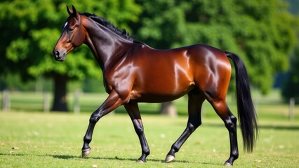 Obraz premium A black forest chestnut horse walking gracefully on a green field.
