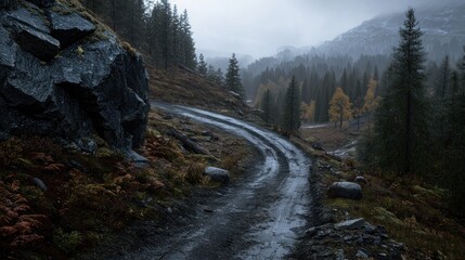 Obraz premium Serene winding dirt road through a misty forest with autumn foliage and distant mountains