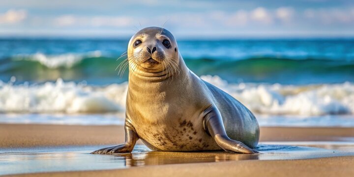 Seal on sandy beach with calm waters, calm, flippers,  calm, flippers, nature,seal, fur, coastal, serenity