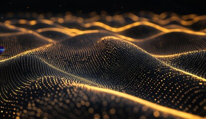 Abstract golden particle waves, dark background, technology concept