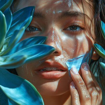 women close up  , blue facemark, natural scene