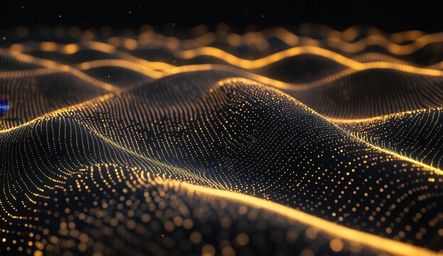 Abstract golden particle waves, dark background, technology concept