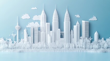 Fototapeta premium Paper Cityscape Illustration, White Buildings, Clouds, Trees, Minimalist, Abstract, Background, Stock Photo
