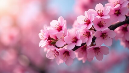 Obraz premium A branch of cherry blossoms in full bloom with vibrant pink petals and yellow stamens against a blurred background.