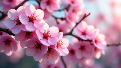 Fototapeta premium A branch of cherry blossoms in full bloom with delicate pink petals and yellow stamens.