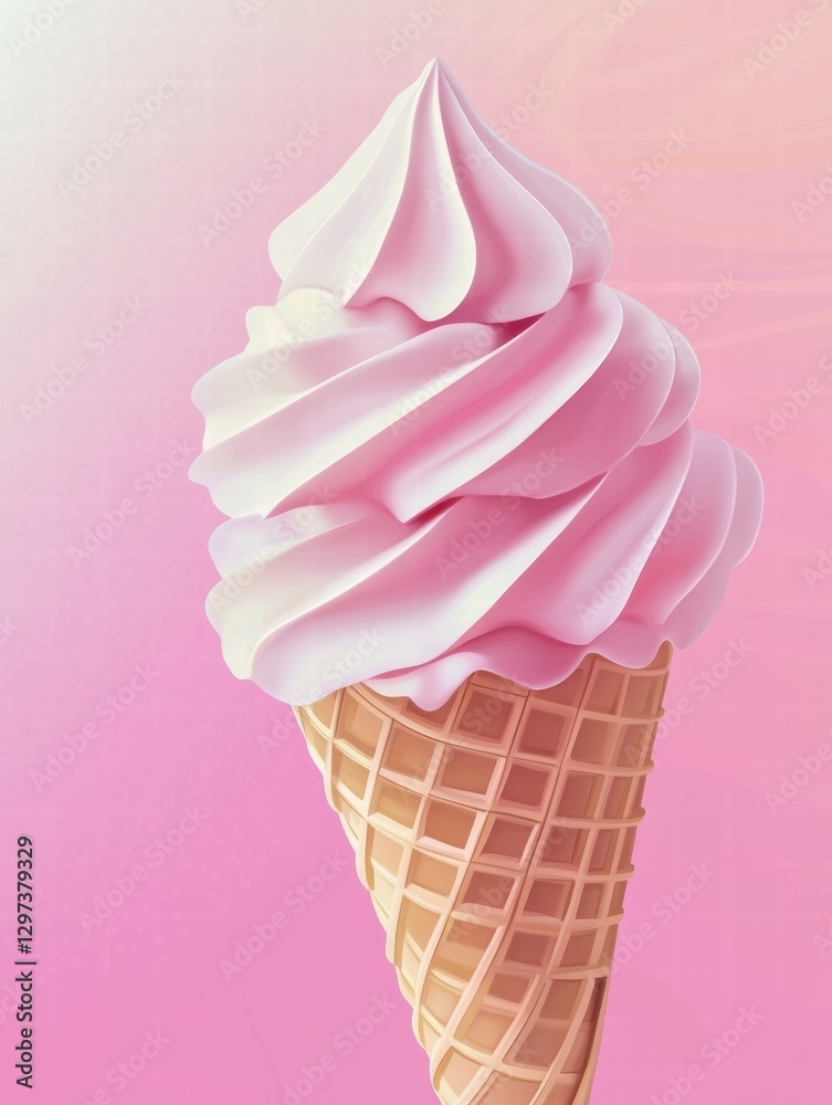 Poster delicious pink swirl ice cream cone against a soft pink background during summertime. generative ai