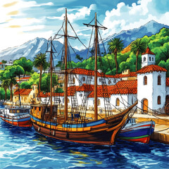 Vibrant Coastal Village Vector: Sailing Vessels, Mediterranean Red-Tiled Roofs, Detailed Waterfront Architecture, Towering Palms Against Mountainous Backdrop