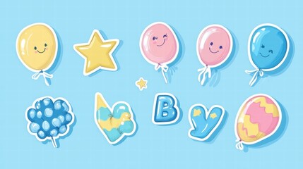 Colorful balloons and cheerful stars decorate a playful background for a baby celebration. Generative AI