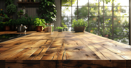 Empty beautiful wood tabletop counter in clean and bright kitchen background ready for display of product high resolution photorealistic sunny day with blurred background.