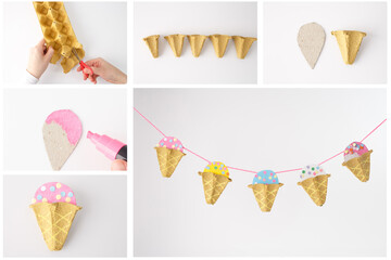 DIY ice cream cone craft made from recycled egg carton. Step-by-step creative process of making handmade party decoration garland. Useful for educational materials, DIY tutorials, creative marketing