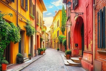 Fototapeta premium a street in Bologna, Italy, with colorful buildings and ancient architecture with copy space Generative AI