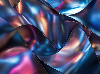 A close-up of metallic ribbons in shades of blue, purple, and red, creating an abstract pattern on the wall. The reflections add depth, highlighting the dynamic interplay of textures and colors.