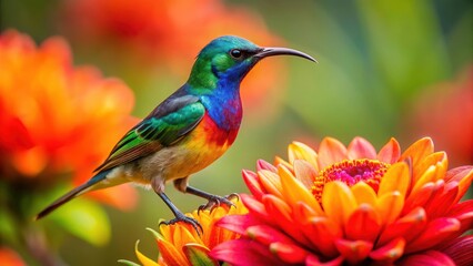 Obraz premium sunbird perched on a vibrant flower, flowers, vibrant, flowers, vibrant, exotic, flora, paradise, bloom, blossoms