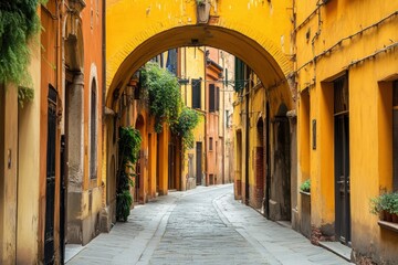 Fototapeta premium A picturesque street in Bologna, Italy, with vibrant yellow buildings and an old stone archway captures the essence of historic charm and architecture, perfect for a travel magazine Generative AI