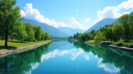 Fototapeta premium A serene view of a river flanked by lush green trees and mountains in Castiglione del Lago, with clear blue skies and fluffy clouds reflected in the water.