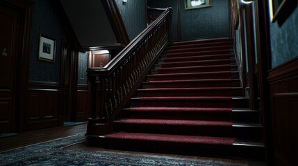 Elegant staircase in a vintage hallway with ornate woodwork and soft lighting, creating a nostalgic atmosphere