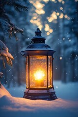 Glowing lantern illuminating snowy winter forest at dusk