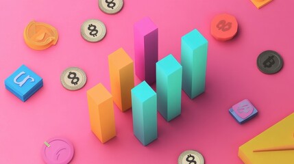 Financial growth with increasing bar chart and money symbols flat design top view finance theme animation colored pastel. 