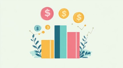 Financial growth with increasing bar chart and money symbols flat design top view finance theme animation colored pastel. 