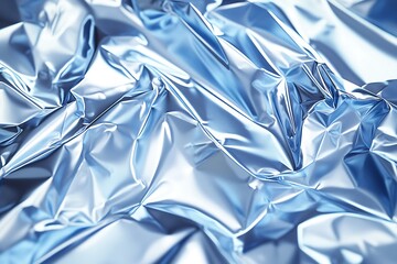 A crumpled holographic foil shimmers with intricate patterns against a silver-to-blue gradient backdrop. A large shadow hints at movement, showcasing the beauty of light and texture.