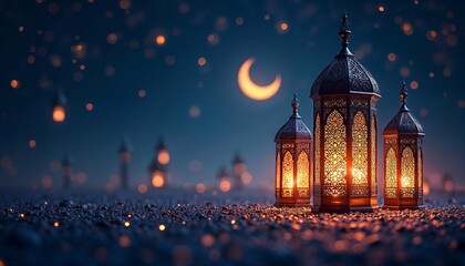 Obraz premium Islamic geometric patterns, lanterns, and crescent moons. Islamic banner 