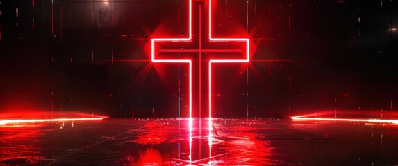 A neon red cross glows in the black void, sci-fi reflections below, hint of a human face.