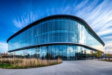 Obraz premium A stunning low-angle shot of a modern curved glass building under daylight. Captured with a wide-angle lens, it features a bokeh effect against a blue sky, highlighting its architectural elegance.