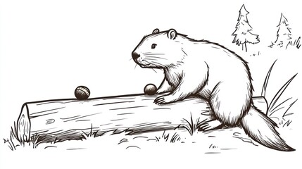 Fototapeta premium Woodchuck Sitting on Log, Forest Scene, Sketch