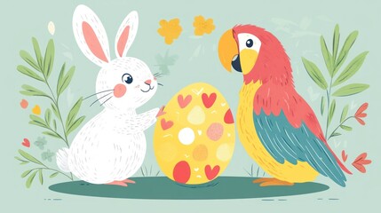 Obraz premium Cute Easter bunny and parrot with decorated egg