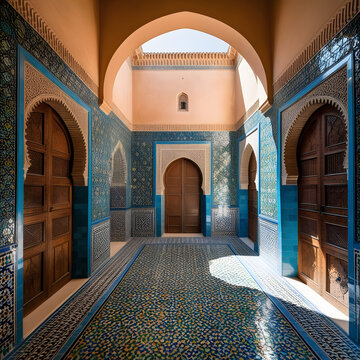 A breathtaking Moroccan courtyard adorned with intricate zellige tilework in shades of blue, green, and gold.