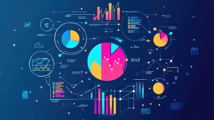 Obraz premium Marketing analysis with digital charts and graphs flat design front view technology theme animation vivid.