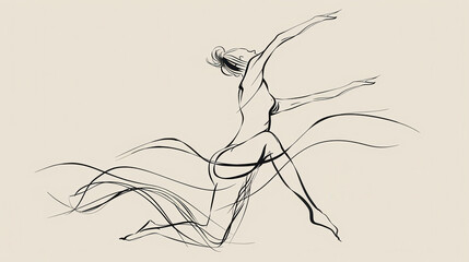 Minimalist continuous line ink drawing of a graceful dancer in motion with flowing abstract lines emphasizing rhythm and expression on a beige background. Line art illustration