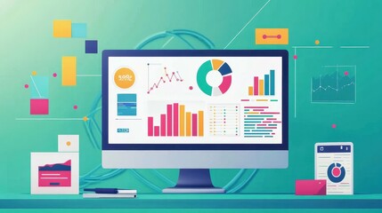 Marketing analysis with digital charts and graphs flat design front view technology theme animation vivid.