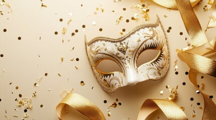 Naklejka premium Venetian masks, golden tones. generative ai