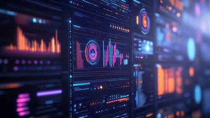 Fototapeta premium Marketing analysis with digital charts and graphs flat design front view technology theme animation vivid.