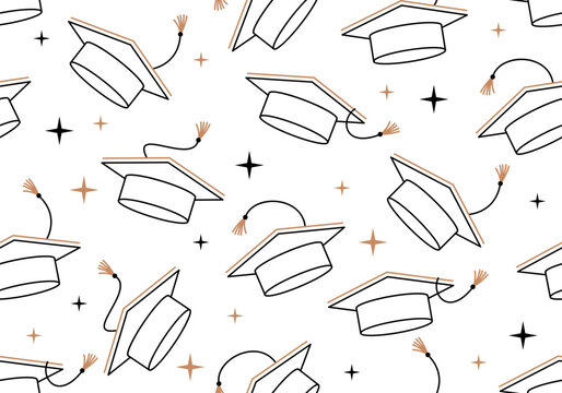 Seamless pattern for University, college school education vector background. Seamless pattern with graduated hat. Seamless vector pattern featuring graduation caps with gold tassels
