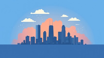 City skyline silhouette, pastel sunrise, simple art style, stock photo