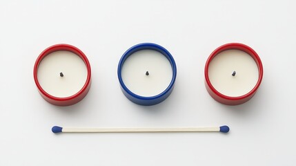 Neatly Arranged Red, White, Blue Candles with Matchstick on White Background