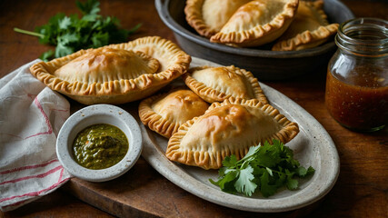 Fried empanadas with tomato and avocado sauces. Top view.
